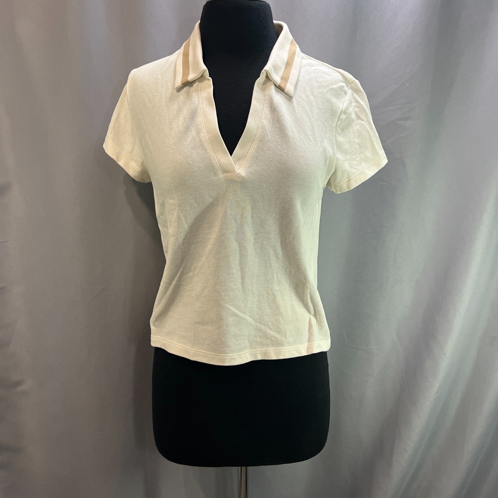 Lou & Grey Pique Polo T Shirt Womens Small Beige Cotton Split Neck Short Sleeve